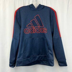 Adidas Boys Pullover Hoodie Blue Red Long Sleeve Kangaroo Pockets Logo Youth L